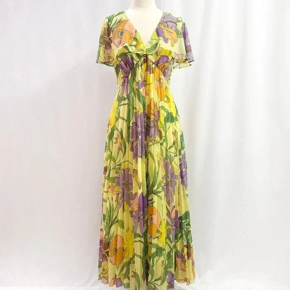 ASOS retro yellow and purple floral maxi dress size US 10 - Picture 2 of 7